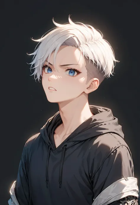 score_9, score_8_up, score_7_up,source_anime, high res image,masterpiece,best quality,anime boy,white hair,undercut hair,blue eyes,black hoodie,simple background,rage,