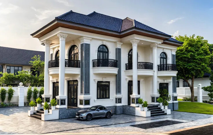 (masterpiece:1.2), best quality, photo of A two-story modern house in VietNam with white walls and dark tiles on the roof., dark granite tiled wall, tree and plant environment,daylight, streetcapes, natural light, vivid color, The exterior of an elegant s...