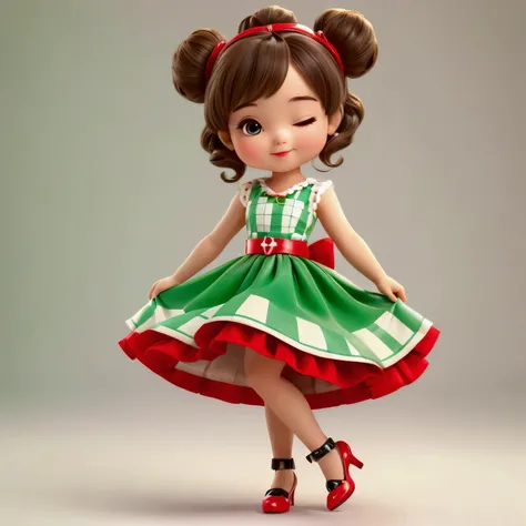 3D, Disney Pixar of a cute girl with a vintage look. She is wearing a delicate green checkered dress with white stripes, with a wide skirt and red lining with a black sash. Wears green high-heeled shoes with ankle straps. Brown hair styled in a bun. She is...