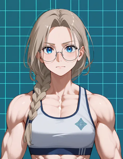 Image is a portrait-style photograph featuring a young woman with a muscular build. She has fair skin, long light brown hair styled in a single braid over her right shoulder, and is wearing round, thin-framed glasses. Her facial expression is neutral, and ...