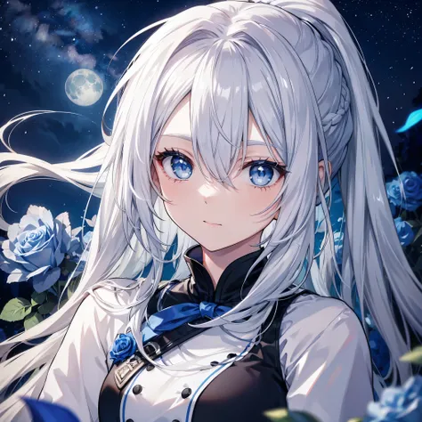 ((((Gray Hair、ponytail、Long Hair 1 person Blue eyes、Shine Pure white skin Smooth skin)))) (((Adult women、slender Kind Face With blue roses Blue and white))) ((Big Moon、night milky way)) (Shine背景 白くShine縁)