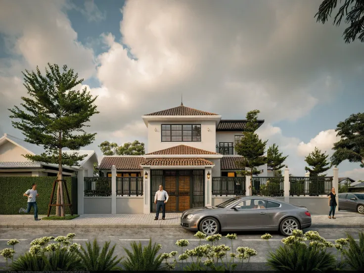 Raw photo,Masterpiece, high quality, best quality, authentic, super detail,
exterior, outdoors, house style indochine on the street ,aiaigroup
road,pavement, grass, trees, sky, cloud, (day:1.1)
