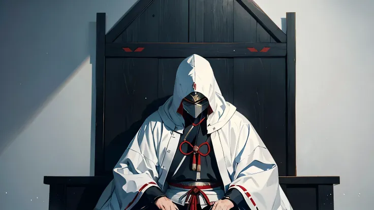 Wearing a white hood、Have a military rank、Sitting、Kenshin Uesugi、50age、Wearing intricately designed traditional samurai armor、
Famous people in Japanese history、He has a stern look、Has an intimidating presence