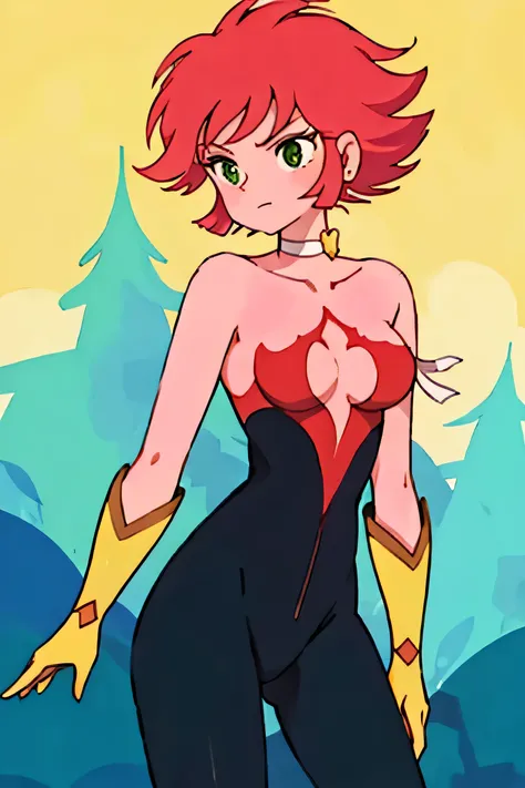 masterpiece, Highest quality, alone, One Girl,Outdoor,View your audience, cutie Honey,Redhead,short hair,Green Eyes,Multi-colored Bodysuits,chest,Chest cleavage,Chest cleavageカット,Fits perfectly to the skin,choker,boots,Elbow hand pockets,手链,Earrings,Bodysu...