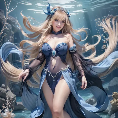 a woman with long curly silver hair, beautiful detailed eyes, beautiful detailed lips, smiling expression, wearing a flowing blue dress with pearl accessories,  queen of the sea, realistic, Wearing a fish horn headband, makeup, standing sensual, blue nails...