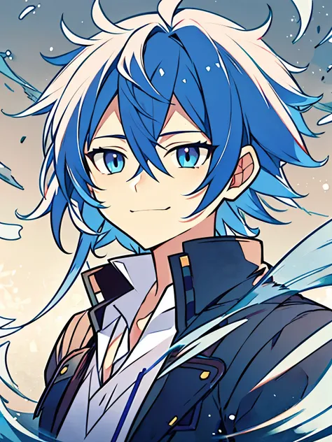 a boy standing with his hairs fluttering in wind, his blue eyes shining in the dark, a slight smirk on his face, blue hair, a hi...