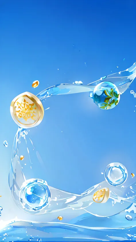 Blue Background，Water floating in the air，There are some essence drops on it