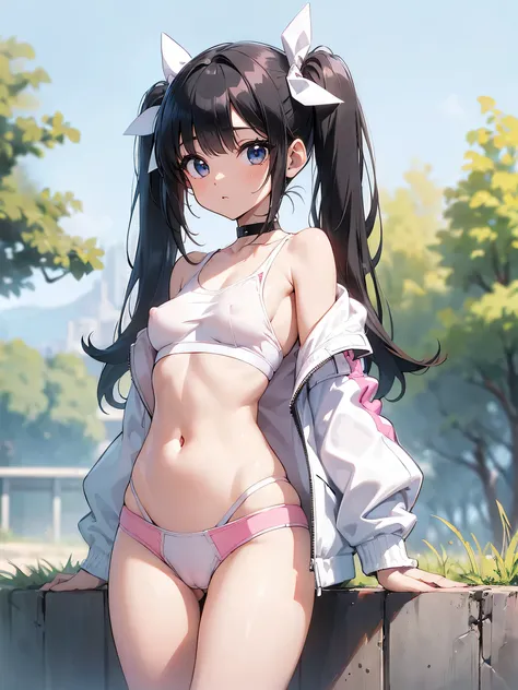 (busty girl), (white jacket), (light pink)tanktop, (pink thong)(high-leg)(high-cut), erect nipples, Narrow constricted waist, belly button, Small hips, bare hips, (partially exposed)vulva, (black hair)buns(twintails), White ribbon, Dark Eyes, blue eyes, su...