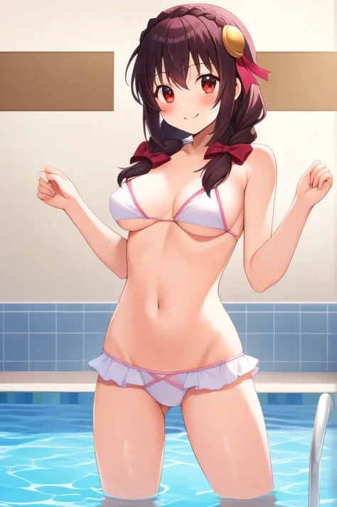 alone, One girl, Yunyun、blush 、View your viewers, Crown braids of the same color as your hair, Red Eyes、hair ornaments, Hair Ribbon, (White and pink bikini)、(Jumping on the pool:1.4)、So wet、(Surprised smile:1.5)、View from below