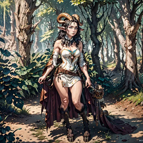 Female faun in the forest, Satyr, woman, fantasy(masterpiece, Best quality, Photorealistic, Detailed, shiny leather:1.2), irreproachable, 8 k, RAW, A high resolution, (dark night:1.1), goat legs, Fur legs, ungulate, goat horns, beard, long black hair, Look...