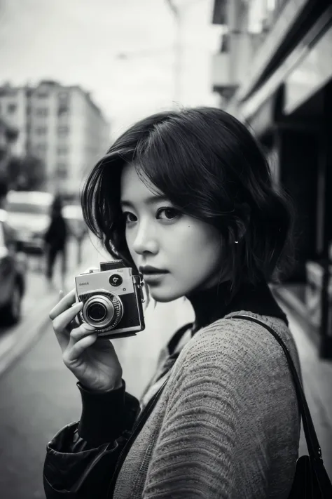 (best quality, quality, 8K, masterpiece) A black and white photo of a vintage-inspired ulzzang woman with short, wavy hair and bold eyeliner. She holds a classic film camera to her eye, ready to capture a moment. Street scene in the background with blurred...