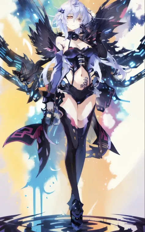 masterpiece, short shorts, masterpiece, best quality, highres, dark persona, watercolor painting theme, (looking at the viewer: 1.1), wide hips, big ass, standing, bent, tojou koneko, yellow eyes, white hair, short hair, hair ornament, white shirt, black r...