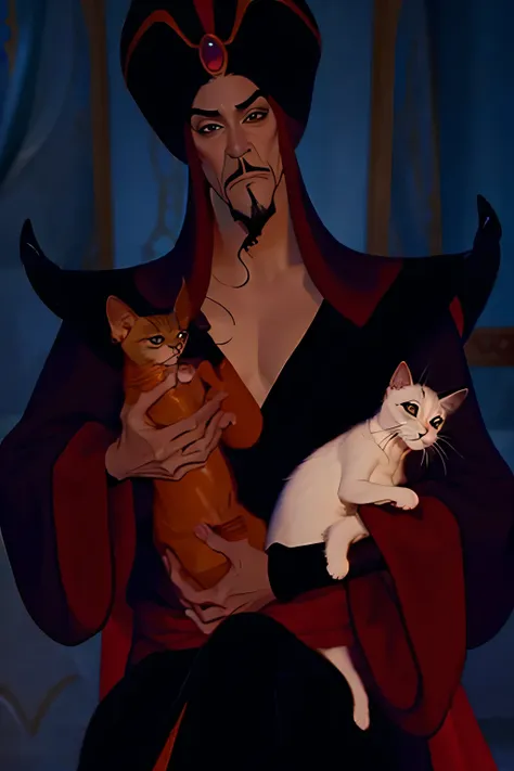 a jafar from disney, evil sorcerer, holding a kitten, dramatic lighting, dark colors, muted tones, deep shadows, highly detailed...