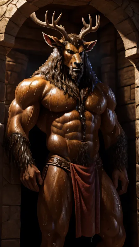 cernunnos, full height image, red loincloth, detailed, focus on the pectorals, antlers,(((that his entire well-defined body is bathed in sweat)))