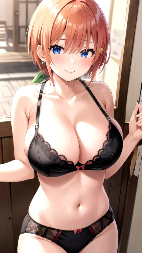 Yotsuha Nakano、orange short hair、Green Ribbon、huge tit、(bra very、pantiy)、(red blush:1)、is standing、earrings、a smile、(A sexy)