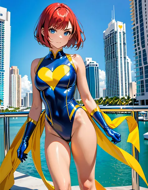 ((masterpiece)), ((best quality)), ((high res)), 1girl, solo, solo focus, single, superhero, heroic, (leotard, gymnast outfit leotard, dark blue leotard with yellow accents, sleeveless, bare legs), (knee boots, matching boots), looking at the viewer, miami...