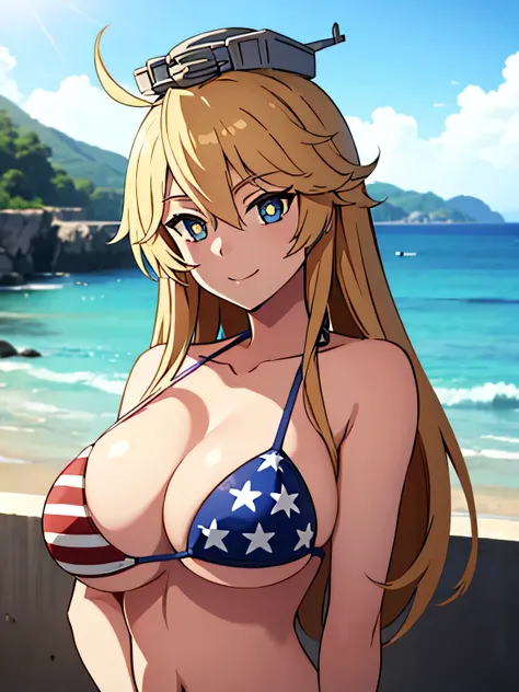 Sumiowa, Star-shaped pupils, headgear, AMERICAN FLAG BIKINI, Huge breasts, One girl, alone, Upper Body, In-person audience, View your viewers, smile,