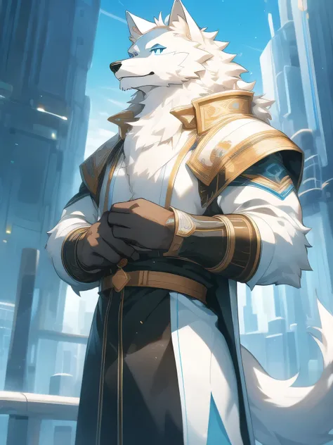 (((A male))), Blue eyes, hairy, 8K HD, Very detailed, super masterpiece, best quality, Very detailed, Correct anatomy, Anthropomorphic, Wolf, Background Future City, (king), Wearing a white shirt and an open black jacket, whole body, ((Light blue and white...