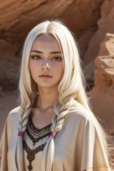 1 female, long white hair, braided hair, wearing a caftan, ugly face, 25 years old, desert background, absurdres, high res, ultrasharp, 8K, masterpiece, the image should be of absurd resolution and high detail. It should be ultra-sharp and available in 8K ...