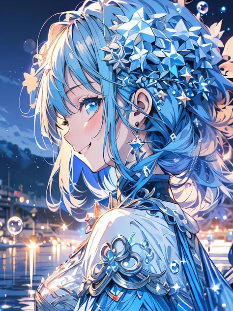 highest quality、masterpiece、anime girl、blue hair、smile、Landscape、profile、lots of bubbles、Soap bubble、night、Stars shine