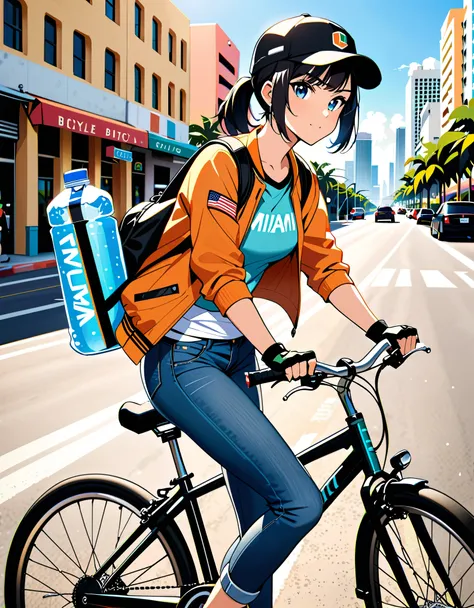 (masterpiece), (best quality), (high res), 1girl, bike messenger, miami city backdrop, (jet black hair, short hair, bob hair, bangs, ponytail), light blue eyes, beautiful detailed eyes, beautiful detailed face, cute face, perfect hands, complete fingers, p...