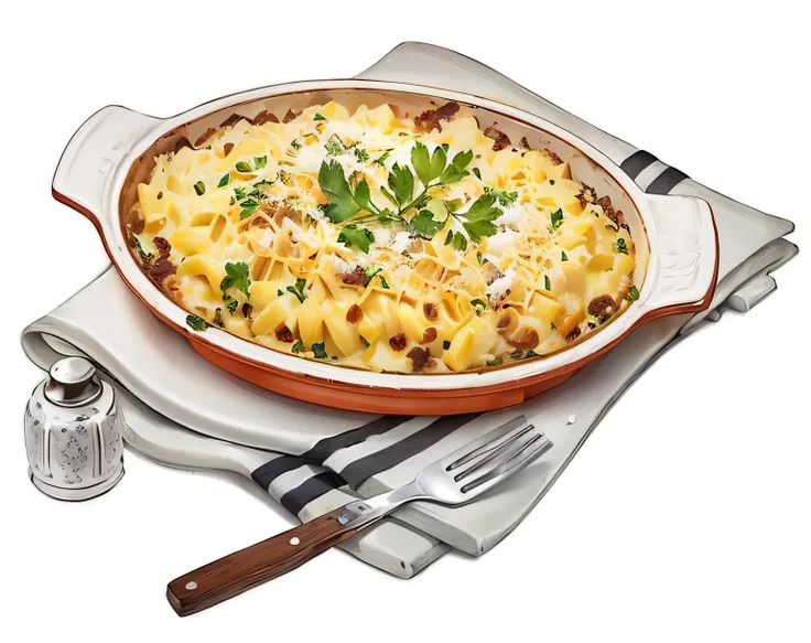 Casserole with cheese and herbs on a plate, Macaroni and cheese, number, author：Melissa Benson, Inspired by Slava Lashkaj, Number Rendering, Melted cheese, Draw with photoshop, a Number Rendering, Amazing food illustrations, leader, with a soft, Artist int...