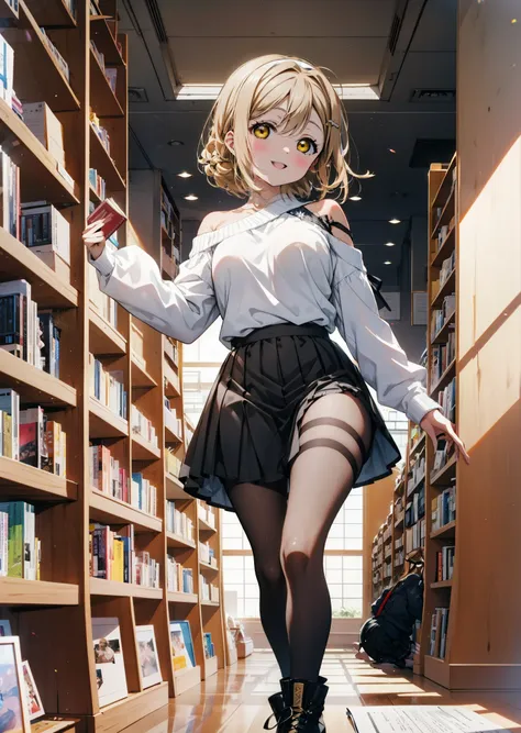  Hanamaru the kunikida, Brown Hair, happy smile,smile, Open your mouth,Yellow Eyes,hair band,Glasses,One-shoulder sweater,Long skirt,Black pantyhose,short boots,Walking,Bookshelf,There is a lot piled up on the table,whole bodyがイラストに入るように,
break indoors, fi...