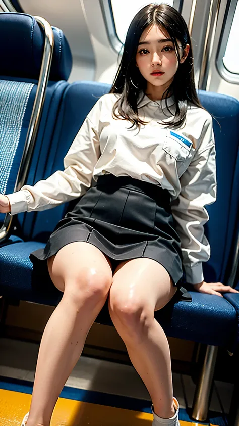 "(Masterpiece, High Definition, Ultra High Definition, 4K) Black hair, 14 years old Japan girl, uniform skirt, emphasizing thighs, white thighs, soft thighs, glossy thighs, sitting on the train, face-to-face angle, (angle from below),sitting in the train s...