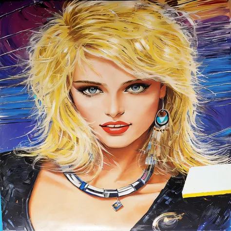 painting of a woman with blonde hair and a necklace, Compact Disc-shaped hanging ring,  80s arte, 80s fantasy art, 1980s woman, 80s poster, 80&#39;s Movie Poster Art, 1980s art, 1980s style poster. 