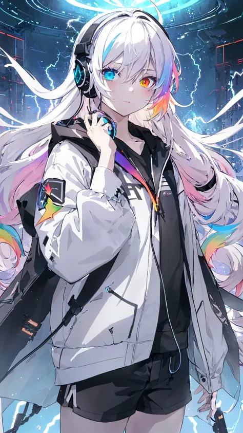 masterpiece, best quality, 1 boy, Long colored hair, Heterochromia, Black headphones, Clothes, shorts, Discharge Aura, rainbow, confusion, lightning, spark, Dynamic illustration, Delicate face, Beautiful illustrations, Good Hand, Good Hand指, Delicate hands...