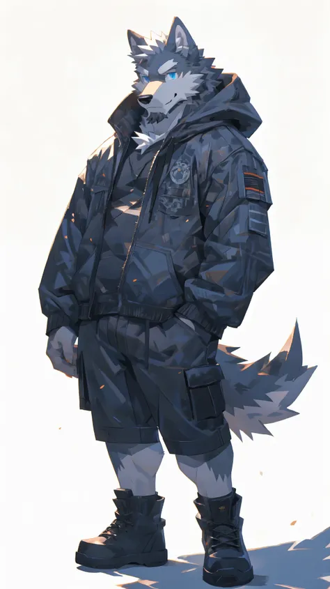 (masterpiece:1.2), best quality,pixiv,official art,perfect anatomy, (Ray tracing, light),solo, (1_male:1.3) , (muscle), (grey fur:1.4), (muscle wolf),(beard:1.2), (gleaming blue eyes), wolf tail, full body, Thick white eyebrows, (open short hoodie), (naked...