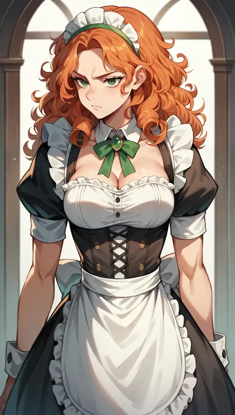 Masterpiece, ultra detailed, highest quality, (high quality anime), attractive woman, light freckles, green eyes, serious expression, ginger hair, curly hair, toned body, maid uniform, fantasy setting, fancy room background