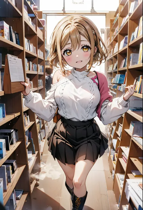 hanamaru the kunikida, brown hair, happy smile,smile, open your mouth,yellow eyes,hair band,black-rimmed glasses,one-shoulder sw...