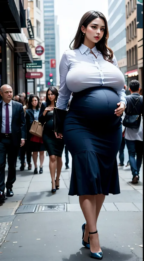 Attractive European woman, huge hanging breasts, slim waist, (huge protruding pregnant belly), wearing a business blouse, long skirt, high heels, ((walking in the crowded city center))
