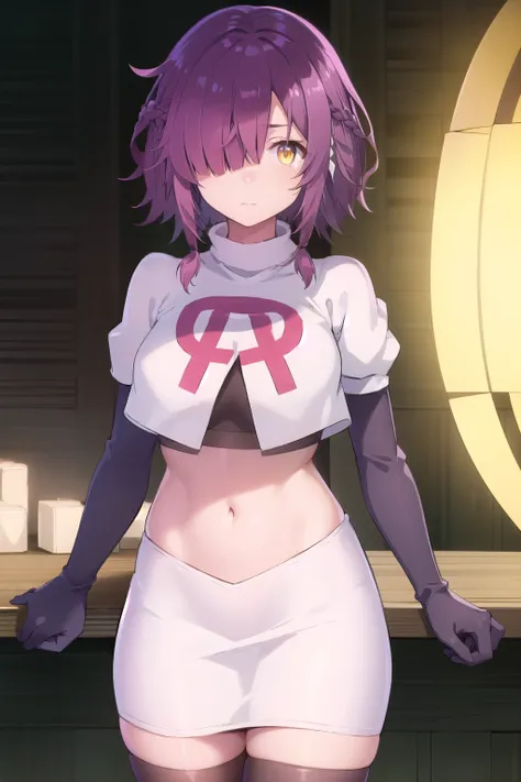 ayanofujimoto, ayano fujimoto, short hair, hair ornament, (yellow eyes:1.3), purple hair, braid, (hair over one eye:1.5),
BREAK team rocket,team rocket uniform,white skirt,red letter R,crop top,black thigh-highs,black elbow gloves,
BREAK looking at viewer,...