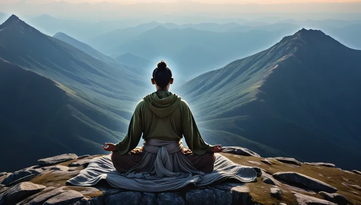 very detailed image of a person meditating on top of a mountain. loose clothes. cinematic lighting