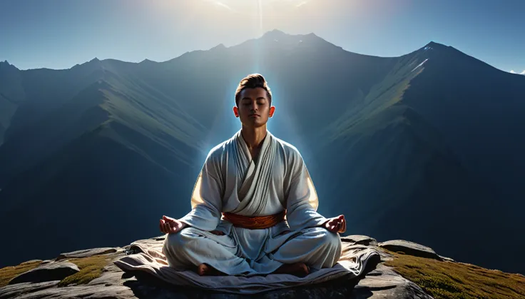 very detailed image of a person meditating on top of a mountain. loose clothes. cinematic lighting