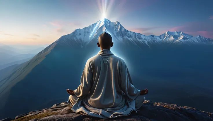 very detailed image of a person meditating on top of a mountain. loose clothes. cinematic lighting