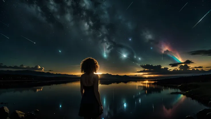 1girl, susy quatro, 25 years old, short dress, free curly hair, night, hands behind the back, lake background, meteor shower, sh...