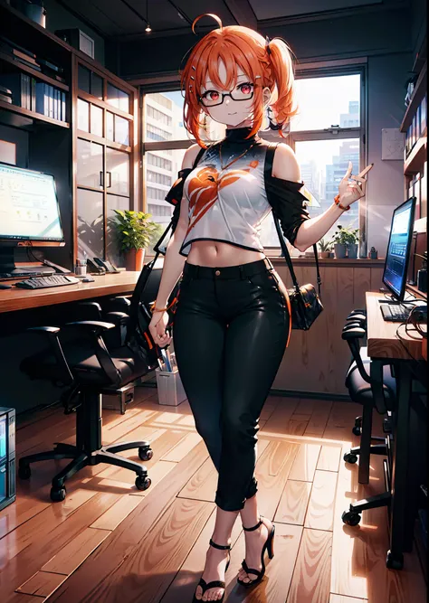 Takahai Chige,Orange Hair,Red eyes,smile,Long Hair,Ahoge,Cold Shoulder Shirt,Short sleeve,skinny pants,Stiletto heels,Black-rimmed glasses,interior,There is a computer on the table,Walking,whole bodyがイラストに入るように,Daytime,Clear skies,　　　　 　　　　　　　　　　　　break in...