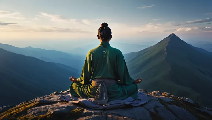 very detailed image of a person meditating on top of a mountain. loose clothes. cinematic lighting