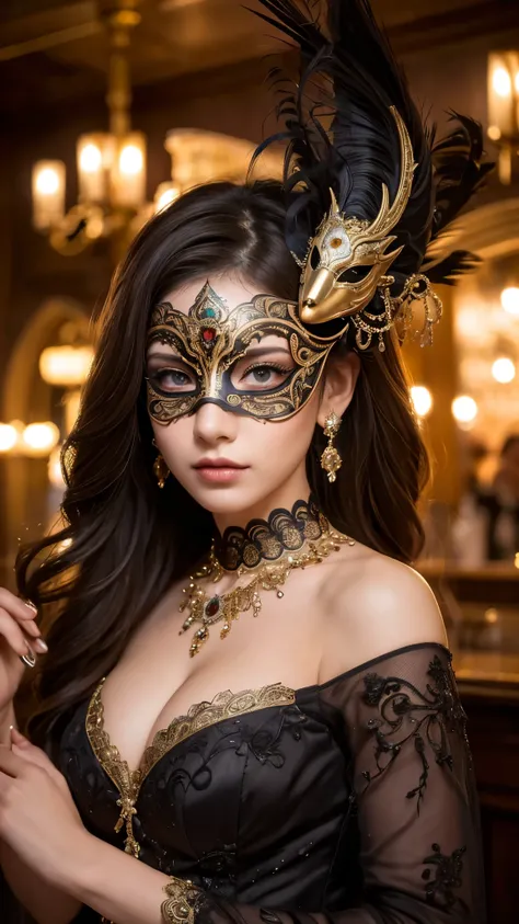 (woman in a masquerade party,elegant venetian mask,intricate costume,beautiful detailed eyes,beautiful detailed lips,extremely detailed face,highly detailed mask,moody bar interior,chiaroscuro lighting,dramatic shadows,cinematic,4k,8k,highres,masterpiece:1...