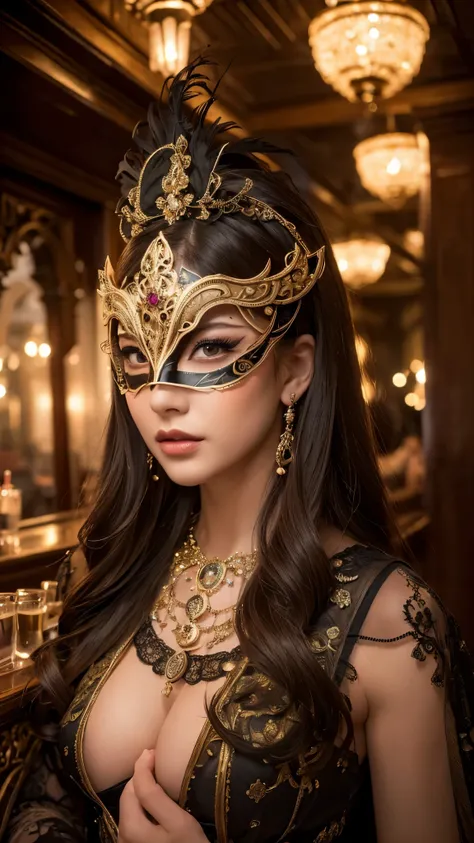 (woman in a masquerade party,elegant venetian mask,intricate costume,beautiful detailed eyes,beautiful detailed lips,extremely detailed face,highly detailed mask,moody bar interior,chiaroscuro lighting,dramatic shadows,cinematic,4k,8k,highres,masterpiece:1...