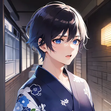 (25-year-old male:1.5) and(Black short hair) and (blue eyes), Shooting from below, (looking away:1.5), upper body、
masterpiece、Highest quality、
(Blue) and (yukata) ,worried,open mouth,The background is a Japanese-style corridor at night、Walking（alone:1.5）