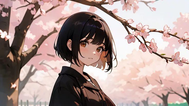 a white girl with short black hair and brown eyes in front of a cherry blossom tree.