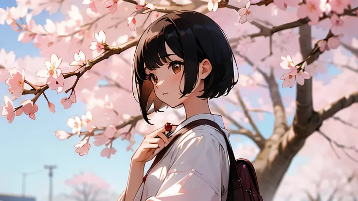 a white girl with short black hair and brown eyes in front of a cherry blossom tree.