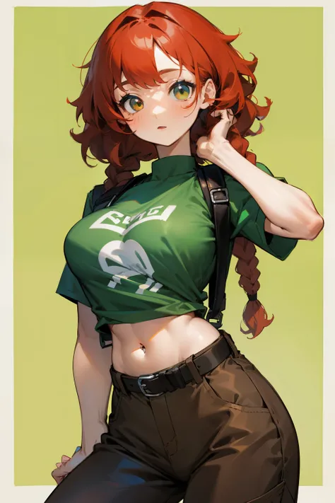 Cute girl, curly red hair with two braids, short-sleeved green T-shirt, blue backpack, baggy brown pants, black belt, big breasts, exposed stomach