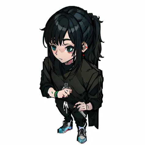 boy, 20 year, serious look, whole body, tied up hair, black sweatshirt, black sweatpants, White sneakers, Bblack hair, big hair, Hand band, RPG, order.