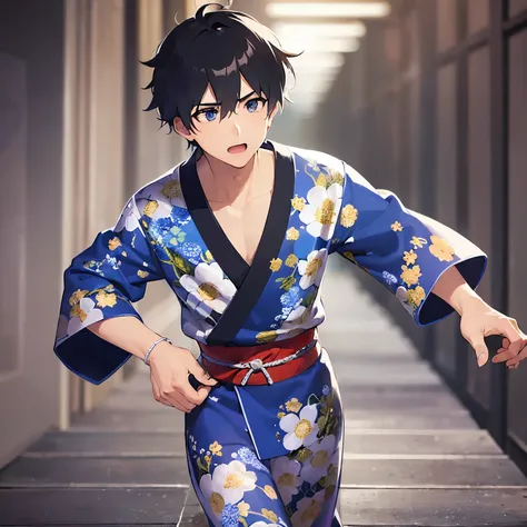 (25-year-old male:1.5) and(Black short hair) and (blue eyes), (looking away:1.5), upper body、（Reaching out to me：1.5）、
masterpiece、Highest quality、
(Blue) and (yukata),open mouth,Serious,The background is a Japanese-style corridor,Running towards、（night：1....