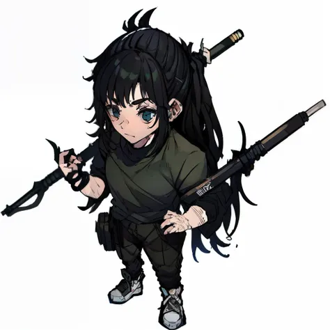 boy, 20 year, serious look, whole body, tied up hair, black sweatshirt, black sweatpants, White sneakers, Bblack hair, big hair, Hand band, RPG, order, combat stance.